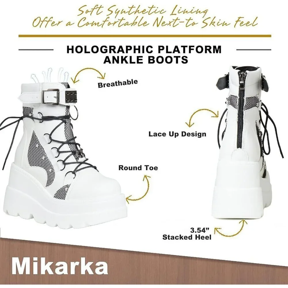 Women's White Lace Up Ankle Studded Buckle Goth Stacked Wedge Combat Ankle Boots